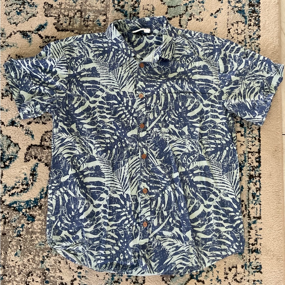 Hawaiian Aloha Men's Large Blue Leaf Print Casual Button Down Shirt